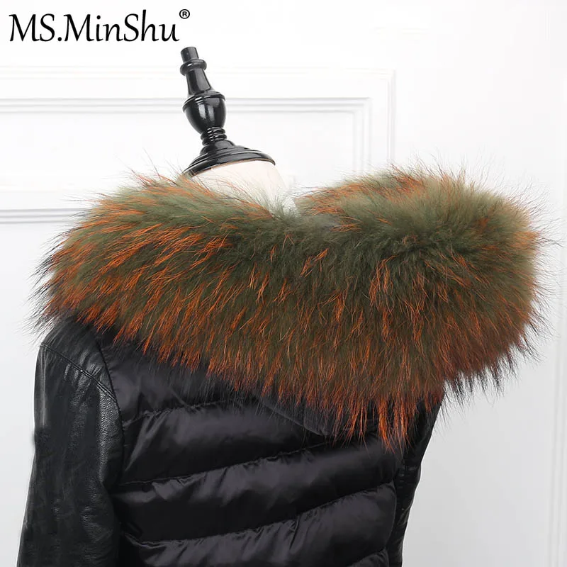 MS. MinShu большой меховой воротник натуральный мех енота капюшон отделка шарф черный цвет парка пальто меховой воротник шарф на заказ
