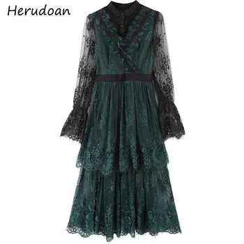 

Herudoan Fashion Designer Summer Sexy Lace Dress Women Mesh Flare Long Sleeve Ruffles Ladies Elegant Evening Party Midi Dresses