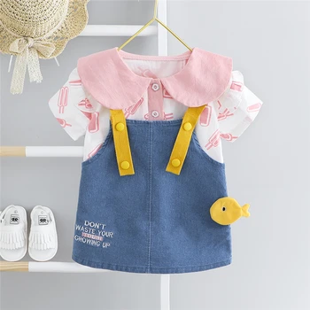 

HYLKIDHUOSE Summer Baby Girls Clothing Sets Toddler Infant Shorts Sleeve Lace T Shirt Denim Dress Children Kids Casual Clothing