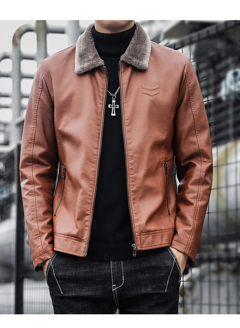 Männer Solide PU Leder Fleece Jacken Herbst Winter Beiläufige Dünne Winddicht Plüsch Warme Faux Leder Mantel Streetwear Verdicken Parkas – Detail 16