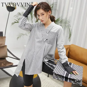 

Korea Striped And Spliced Shirts Women Asymmetrical Tops And Blouses High Fashion Button Up Shirt With Collar Fall 2020 Z025