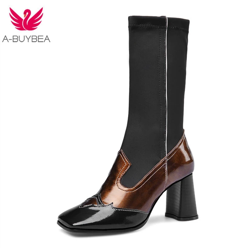 

Real Leather Women Mid-calf Boots Patchwork Strange High Heel Women Boots Elastic Fabric Slip-on Ladies Autumn Motorcycle Boots