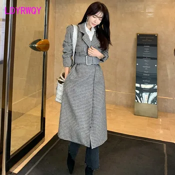 

2019 winter new Korean version of the OL temperament lapel houndstooth belt waist slimming long coat Turn-down Collar