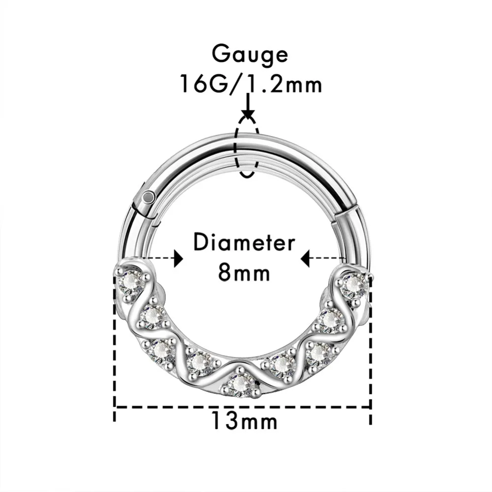 Корпус панк 16 г 316L хирургические стальные шарнирные сегментные кольца CZ с волнообразными линиями Daith серьги обруч перегородка ювелирные изделия для женщин