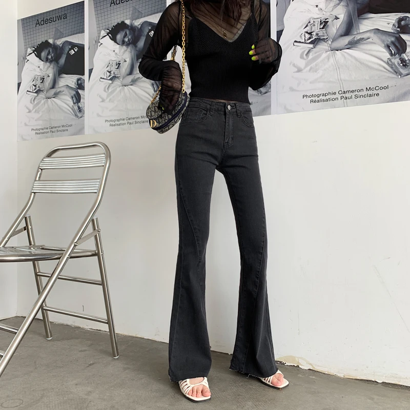 Womens Fashion Casual High Waisted Denim Jeans elastic flare pants jeans