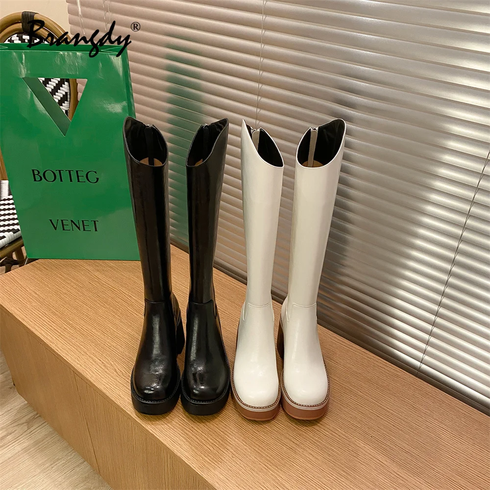 Brangdy Genuine Leather Women Knee Hight Boots Fashion Square Heels Women Shoes Round Toe Zipper New Women Winter Knight Boots