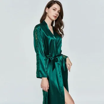 

Wedding Robe Women SEXY Green Long Kimono Bathrobe Gown Casual Soft Nightgown Sleepwear Long Sleeve Satin Nightwear Home Dress