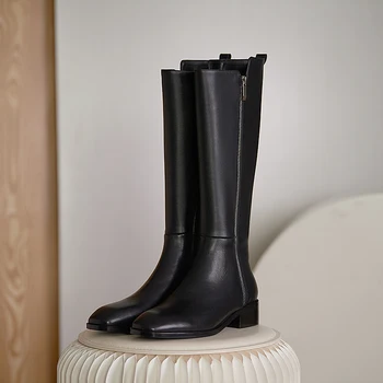 

Concise zippers Knee High Boots square Toe Thick med Heels Shoes Woman Genuine Leather Dancing Basic Boots size 41 42 43