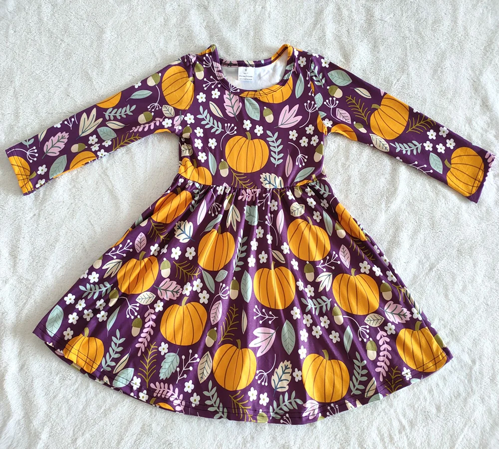 

wholesale kids long sleeve dress girl halloween frocks cute girl pumpkin and flowers pattern dresses