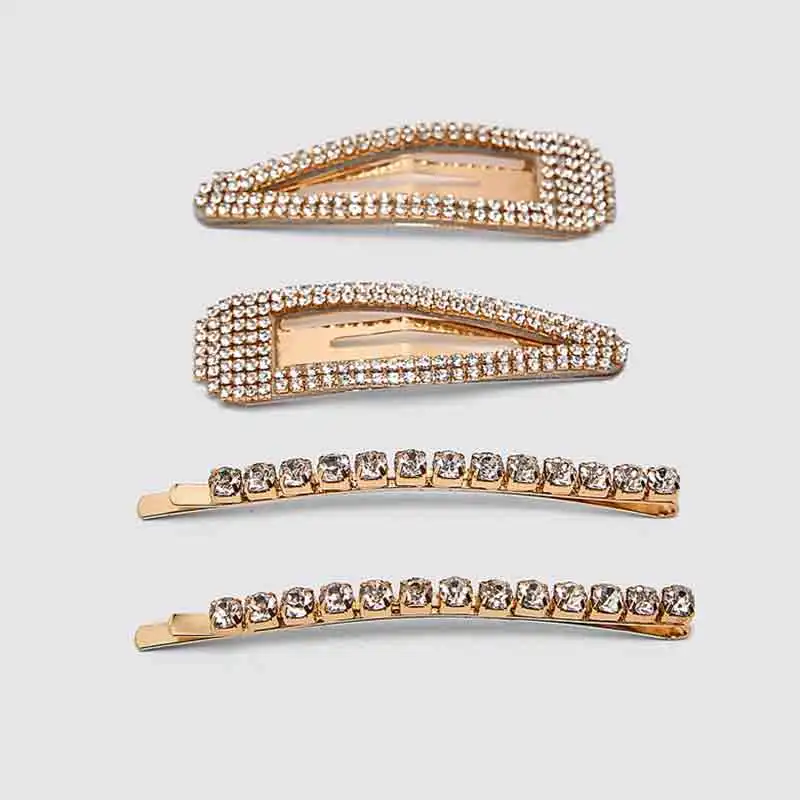 Dvacaman Trendy ZA Design 4 PCS/Set Flower Crystal Hair Clips Women Punk Gold Color Metal Rectangle Barrettes Gift Hair Pin