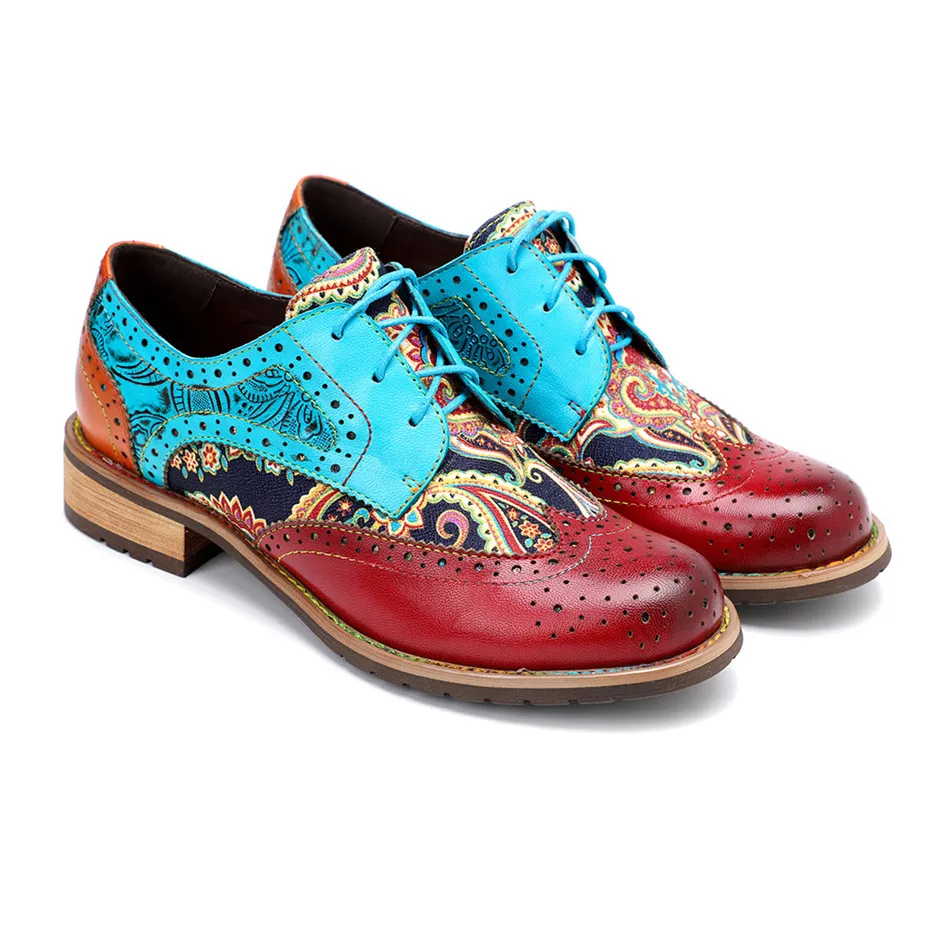 2020 New Spring Casual Women Brogues Shoes Handmade Genuine Leather Women Flats Oxfords Shoes Retro Carved Lace Up  Lady Oxfords (3)