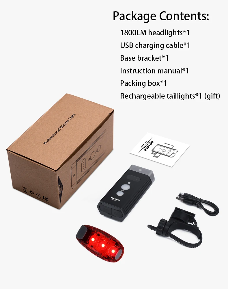 ROCKBROS 1800LM велосипедный светильник, головной светильник, USB Перезаряжаемый велосипедный руль, передний светильник, 5200 мАч, внешний аккумулятор, IPX6 Водонепроницаемый