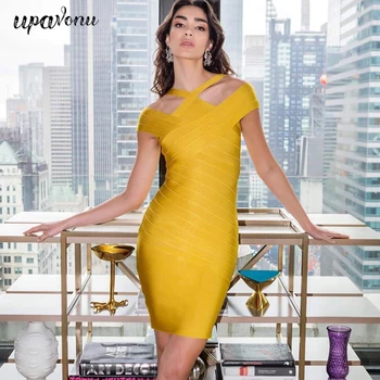 

UpAvonu Spring 2020 New High Quality Rayon Bandage Dress Sexy Cardigan Yellow Bodycon Mini Dress Celebrity Club Party Vestidos