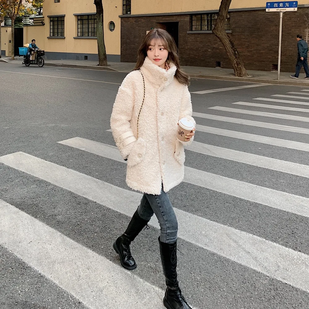 

Photo Shoot 2019 Winter New Style WOMEN'S Dress Retro Laziness-Style Stand Collar Single Breasted Fur Lambs Wool Cropped Jacket
