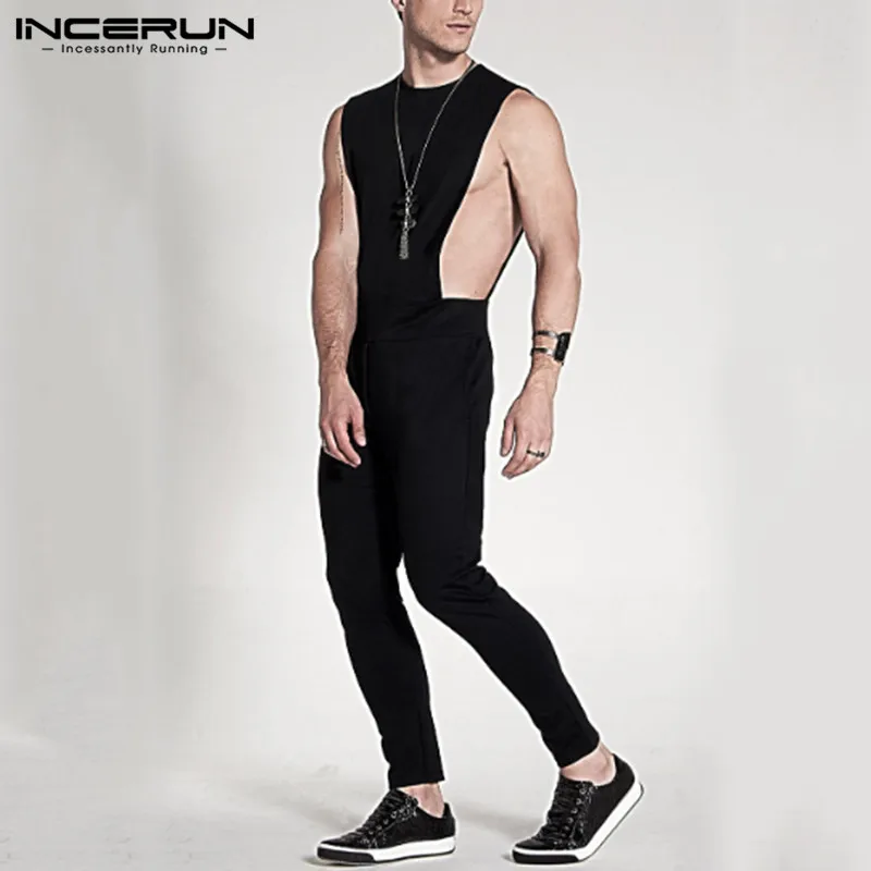 Men Overalls Jumpsuit Rompers Streetwear Fitness INCERUN Trousers Solid-Color Casual