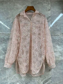 

2020 Spring and Summer New Women's Lapel Heavy Sequins Mosaic Decoration Perspective zhang xiu kuan Top 513