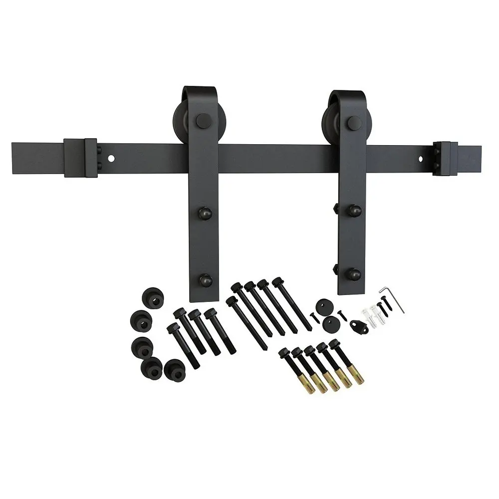 

6.6ft 1 Rail Black Steel Strap Hanger Roller Sliding Barn Door Hardware Track Set