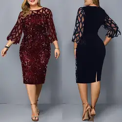 Moda feminina sólido gaze lantejoulas retalhos transparente o pescoço vestido de noite plus size maxi vestidos para mulher