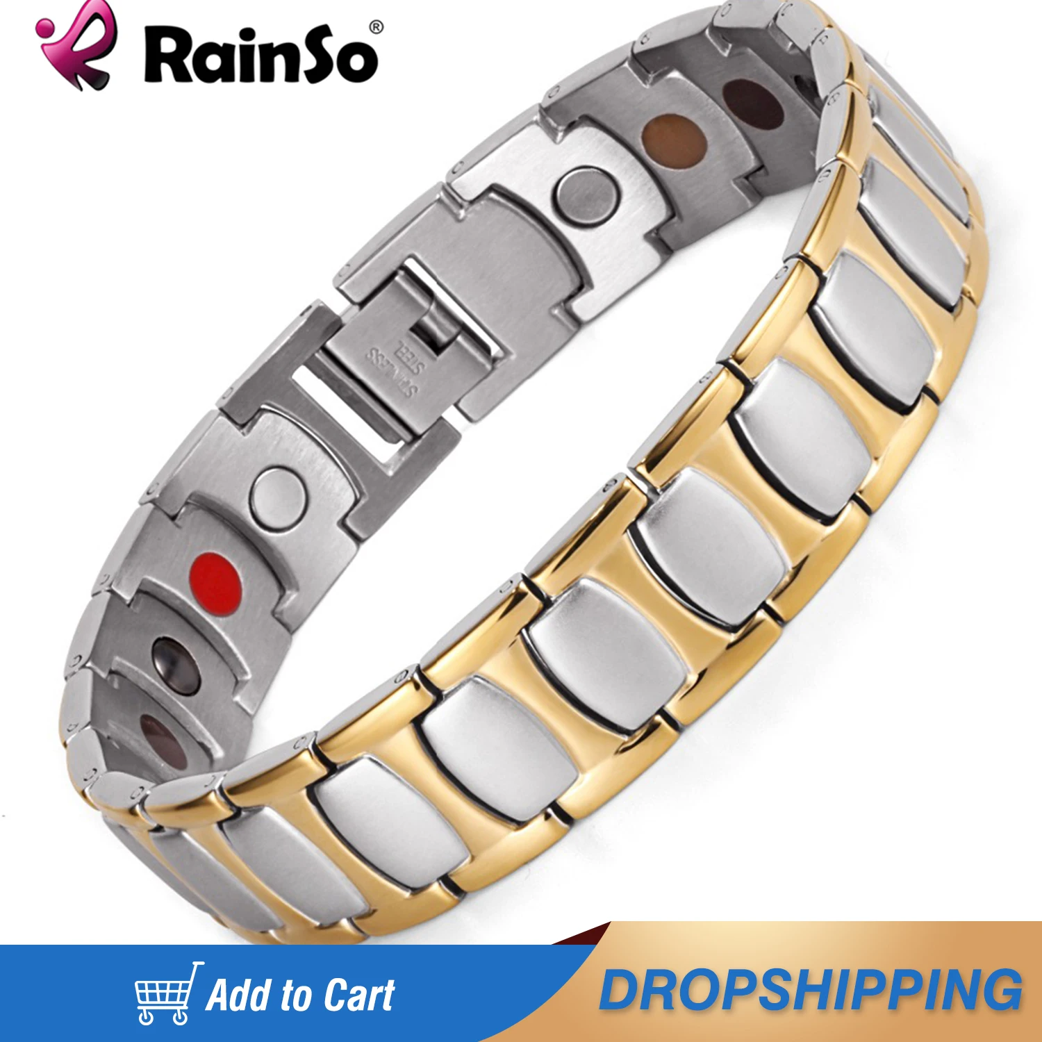 MENS 8.75 INCH HEALING MAGNETIC THERAPY BRACELET Gold Link with Chain; 4 Pain! 