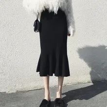 Толстая Вязаная Зимняя юбка, женская вязаная юбка русалки, винтажная приталенная юбка средней длины с высокой талией, черный/хаки, рыбий хвост