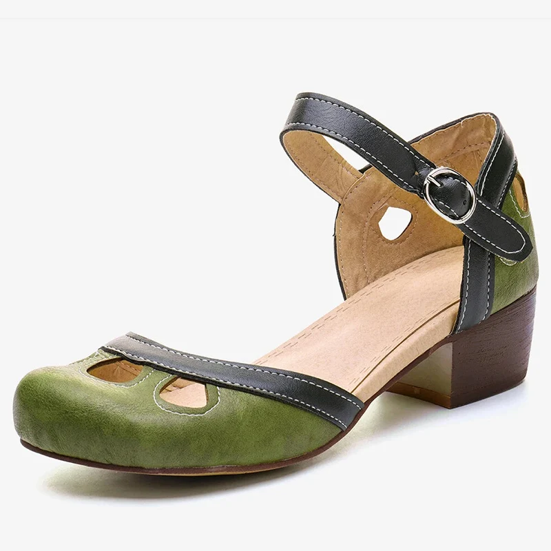 Women Summer Shoes Mid Heel Hollow Out Casual Sandals Elegant Retro Ladies Pumps Ankle Color Block Buckle Straps Female Sandals women sandals women pumps shoes women single shoes women wedges heels shoes