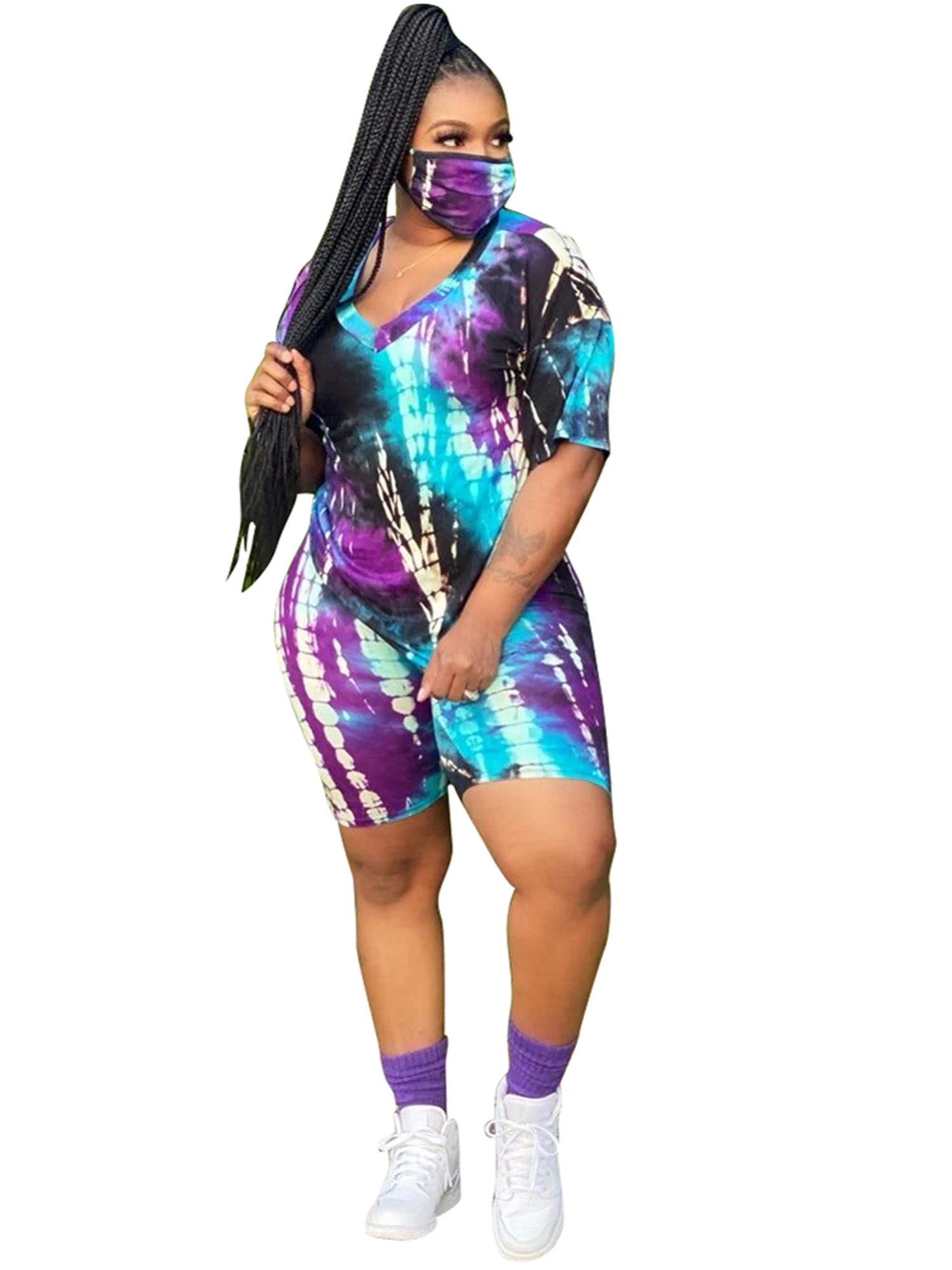 New Women Tie-dye Outfit Summer Short Sleeve T-shirt Elasticated Waist Shorts Tracksuit Female Sportswear Outfits Plus Size