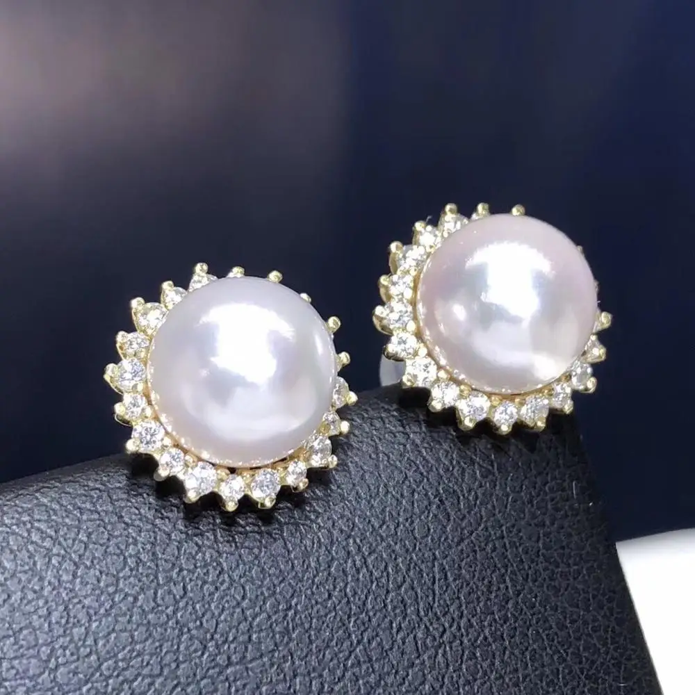 Ювелирные изделия из чистого 18 K Белый Золотой натурального японского происхождения Akoya 9-8 мм белый круглый жемчужные серьги для женщин Прекрасные жемчужные серьги