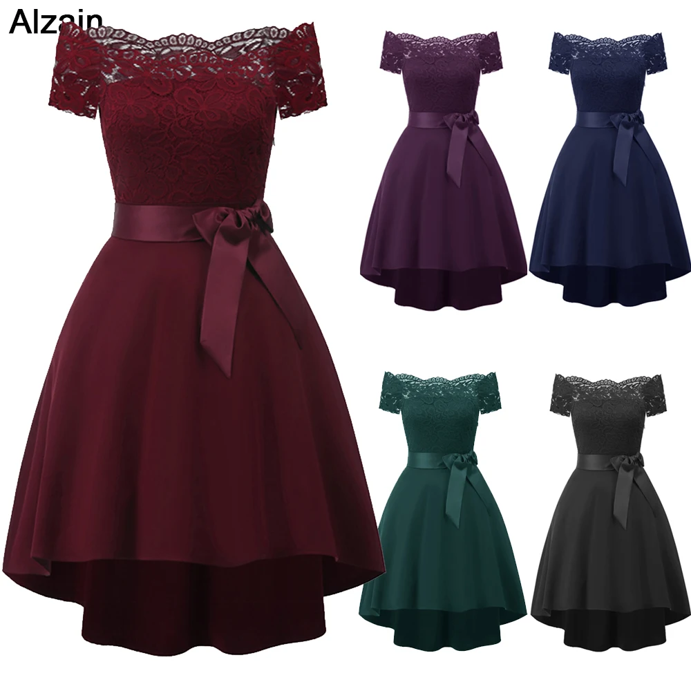 Sexy High Low Off Shoulder Cocktail Dresses Plus Size Lace Slim fit Short Party Vestidos Coctel Robe de Wine red green blue black | Свадьбы и