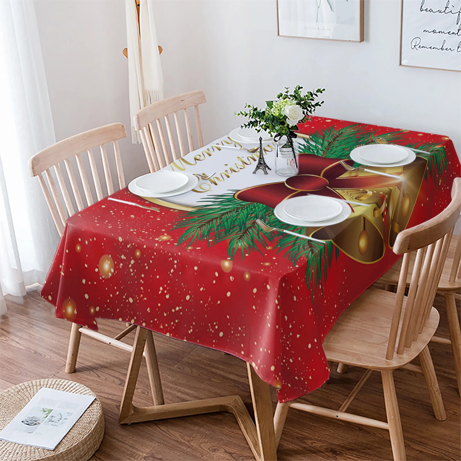 Christmas Bells Pine Tree Branch Wedding Party Table Cloth Waterproof Oilproof Dining Table