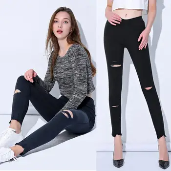 

Spring And Autumn New Ladies Korean Version Of The Hole Jeans Ladies Pants Slim Pencil Pants Ladies Wear Out Fitness Leggings