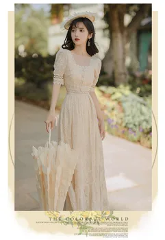 

Vintage Victorian Court Palace Lace Long Dress For Women Elegant Lady Myfiona Temperament Long Robe Summer Fairy Dress
