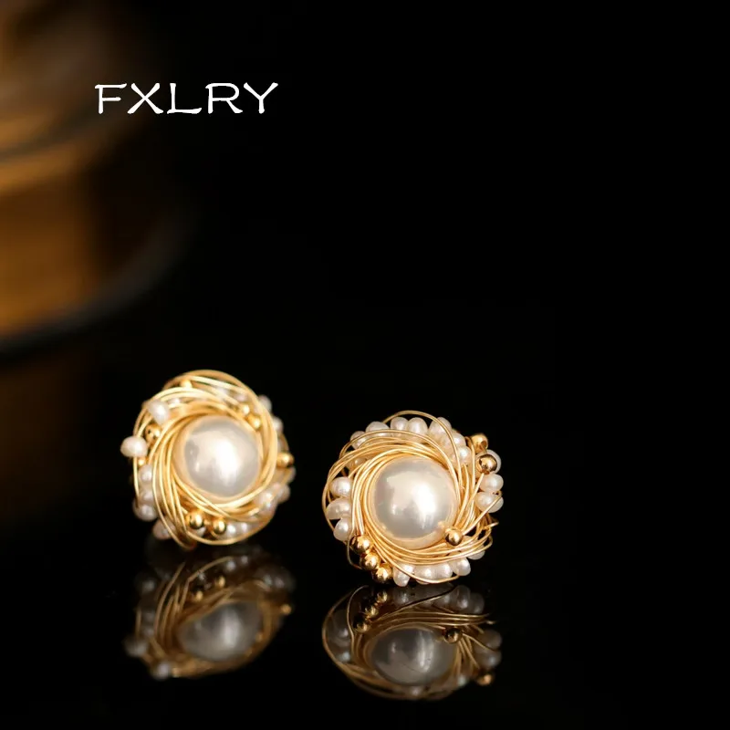 FXLRY High-end Handmade Baroque pearl personality Hand-wound small stud earrings  For women jewelry accessory