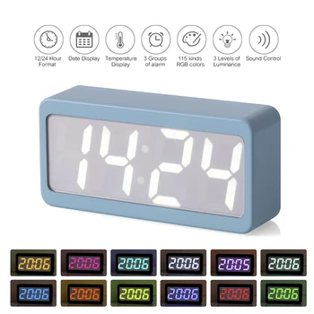 

USB Powered Digital Alarm Clock RGB Color Time/Temperature/Date Display 3-Level Brightness Sound Control LED Desktop Alarm Clock