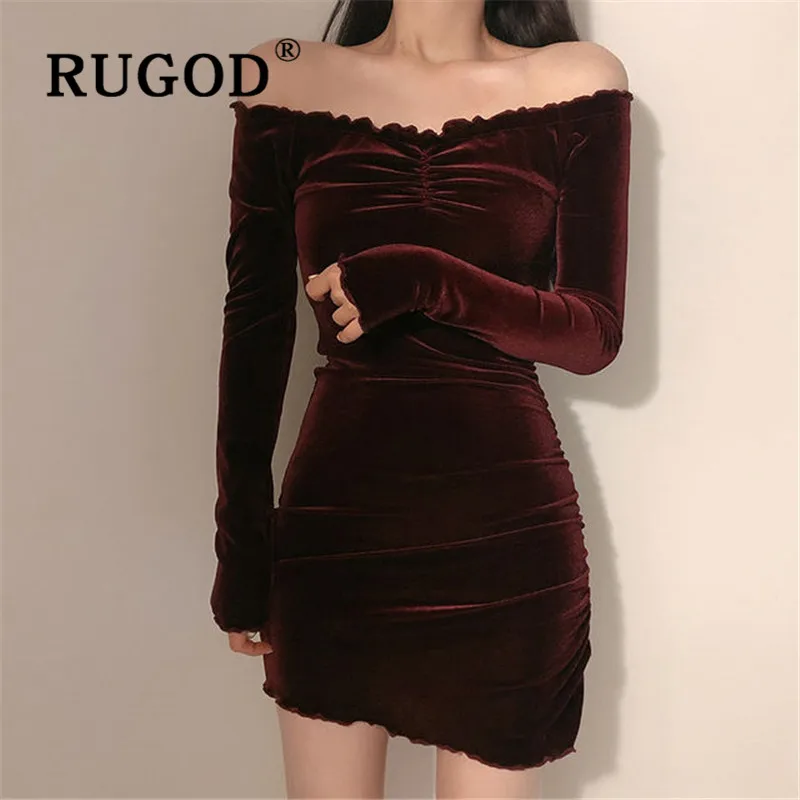 RUGOD/корейское мини платье с открытыми плечами однотонный топ длинными рукавами