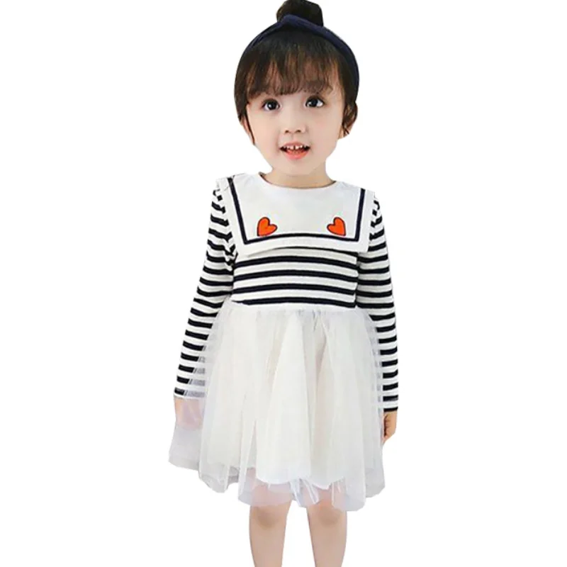

Autumn Baby Girls Casual Striped Pattern Cotton Long Sleeve Patchwork Mesh Dress Kids Sundress Tutu Princess Dress