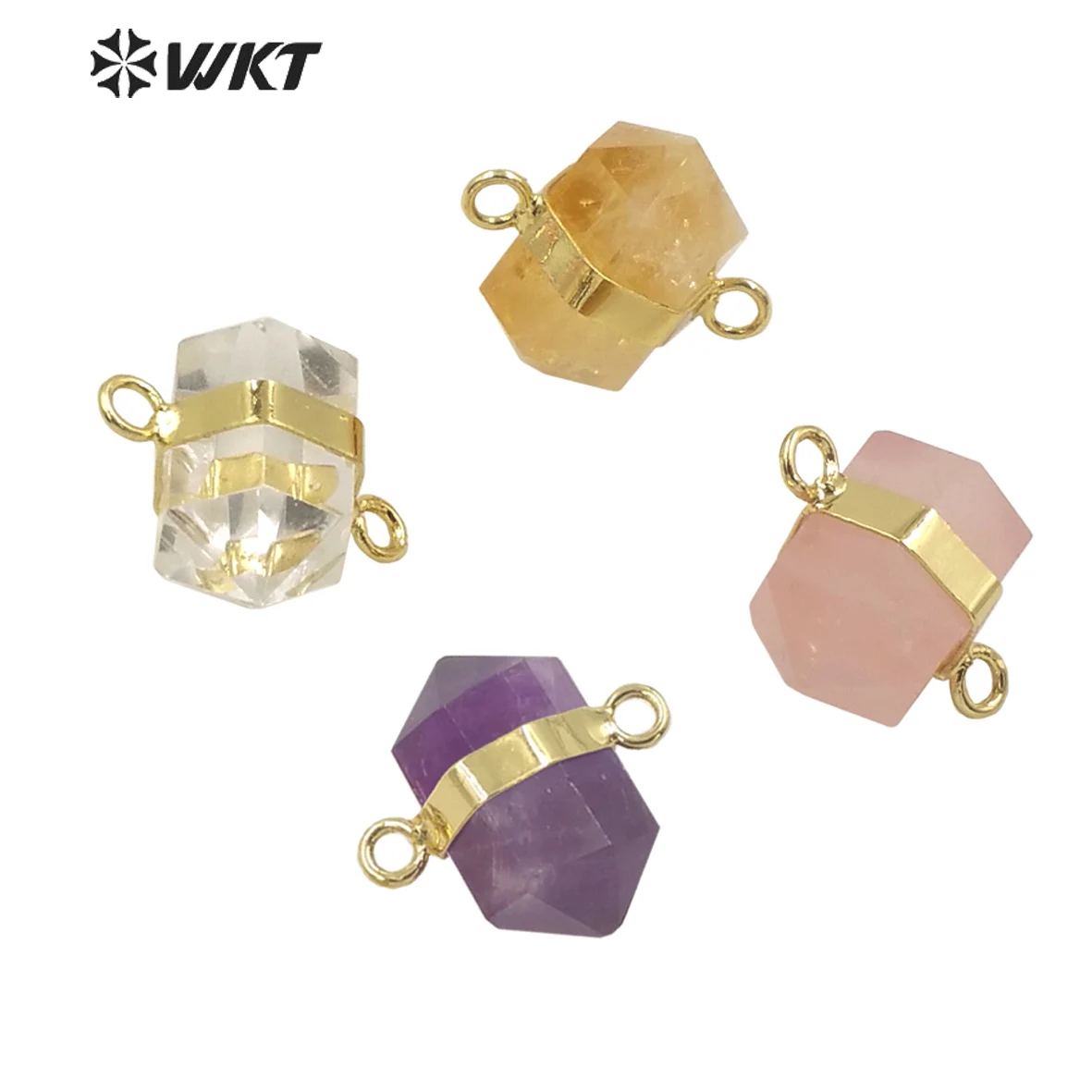 

WT-P1764 Simple Cute Crystal Pendant Double Loops Bullet Shape Hexagona Natural Stone Pendant Amethysts Citrines Pink quartz
