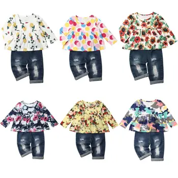 

Baby Girls Floral Crop Tops+Hole Denim Pants Jean Toddler Kids Clothes Sets New Year's suit for a Girls brand costume for girl