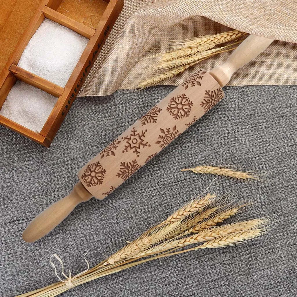 Christmas Rolling Pin Laser Wooden Christmas Embossing Rolling Pin Dough Stick Baking Pastry Tool New Year Christmas Decoration