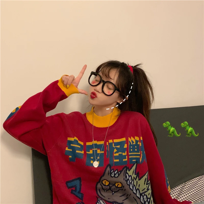Harajuku Япония милый мультфильм кошка печати Повседневная невысокая горловина одежда kawaii длинный рукав свободный Зимний Теплый Женский вязаный свитер