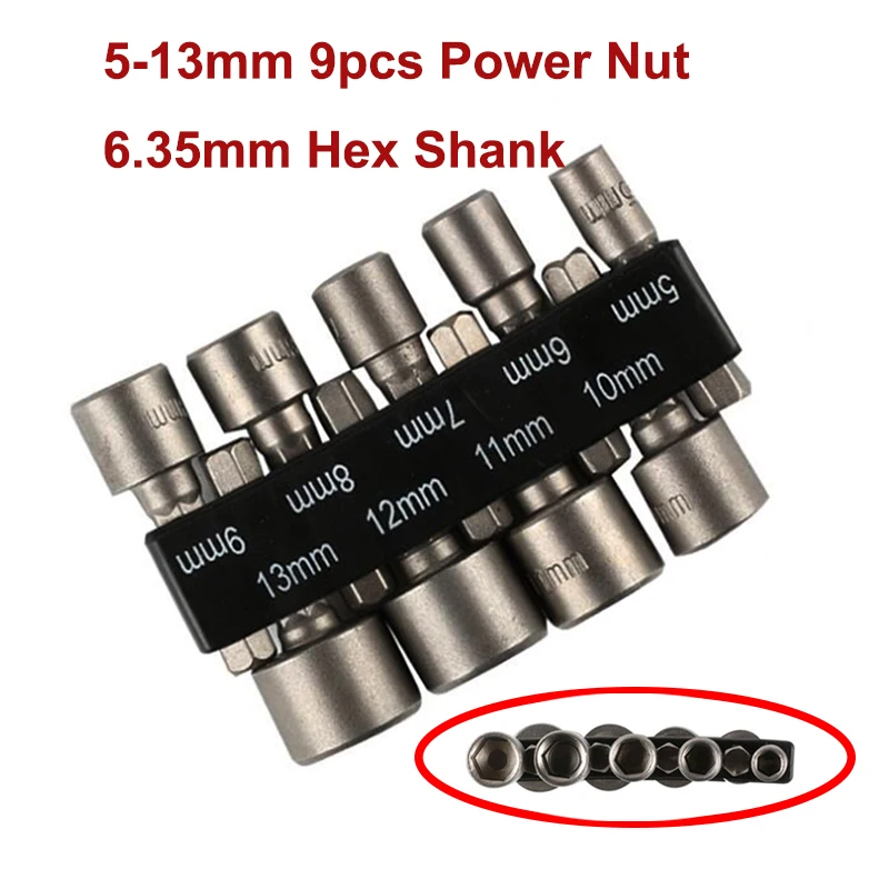 

9pcs/14pcs Power Nut Driver Set 1/4 Inch Hex Shank Drill Bit Adapter Socket No Magnetic Imperial Metric Socket Wrench Screw Tool