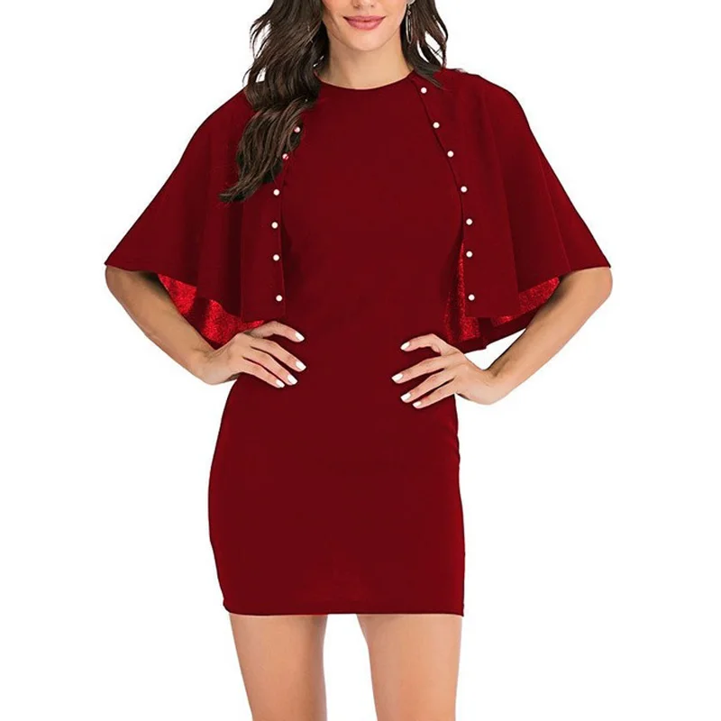 Твердые Бисероплетение с коротким рукавом Bodycon мини-платье женское круглый вырез повседневное короткое платье Рабочая одежда
