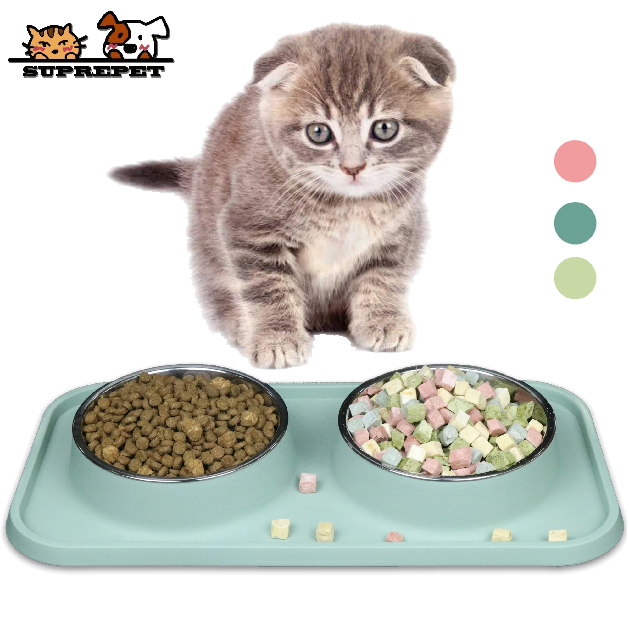 Suprepet Double Cat Feeder Nonslip Cat Bowl Stainless Steel Pet Kitten Water Feeding Bowls With