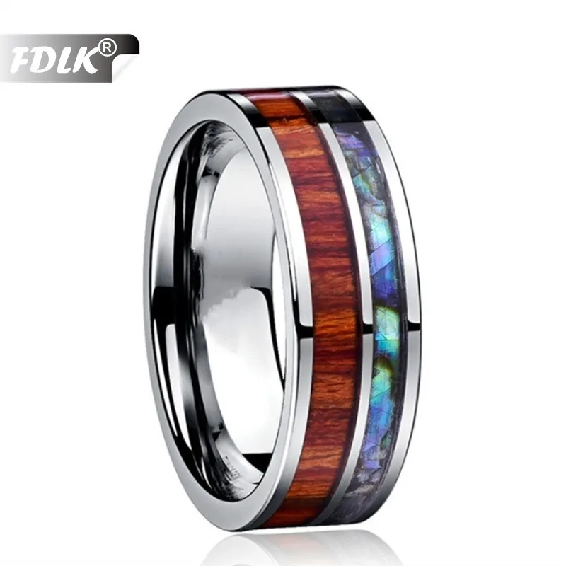 

FDLK Jewelry 8mm Wood Koa Hawaiian and Abalone Shell Stainless Steel Rings for Men Comfort Fit Ring