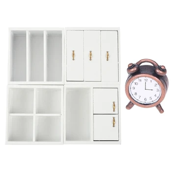 

2 Set 1/12 Dollhouse Miniature Furniture: 1 Set Living Room Wooden Shelf Combination Cupboard White & 1 Set Metal Alarm Clock