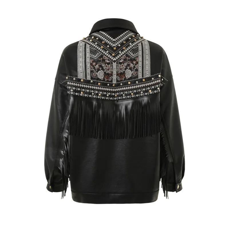 Spring Women Jacket Chaqueta De Cuero Faux Para Mujer Con Flecos Remache Punk PU Motocicleta Abrigos Bordados
Spring Women Jacket Chaqueta De Cuero Faux Para Mujer Con Flecos Remache Punk PU Motocicleta Abrigos Bordados