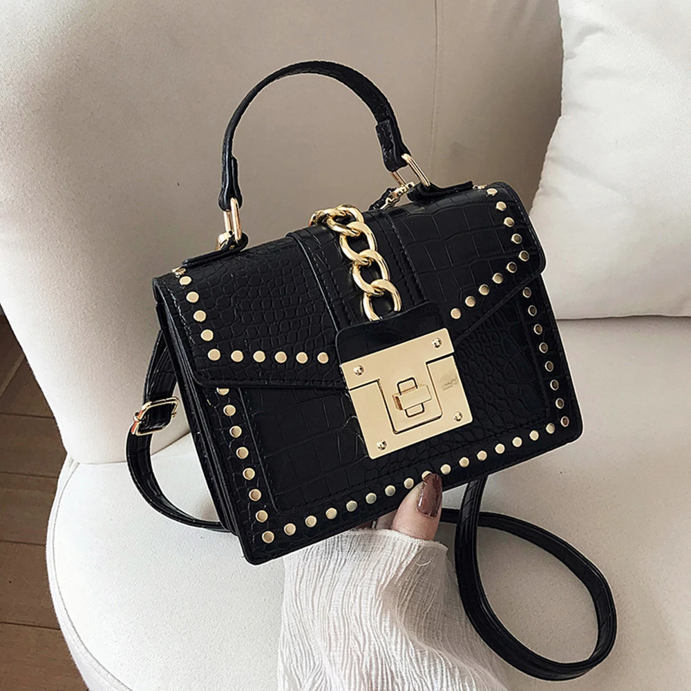 Stone Black Shoulder Bag Chains Rivet Woman Leather Crossbody Versatile