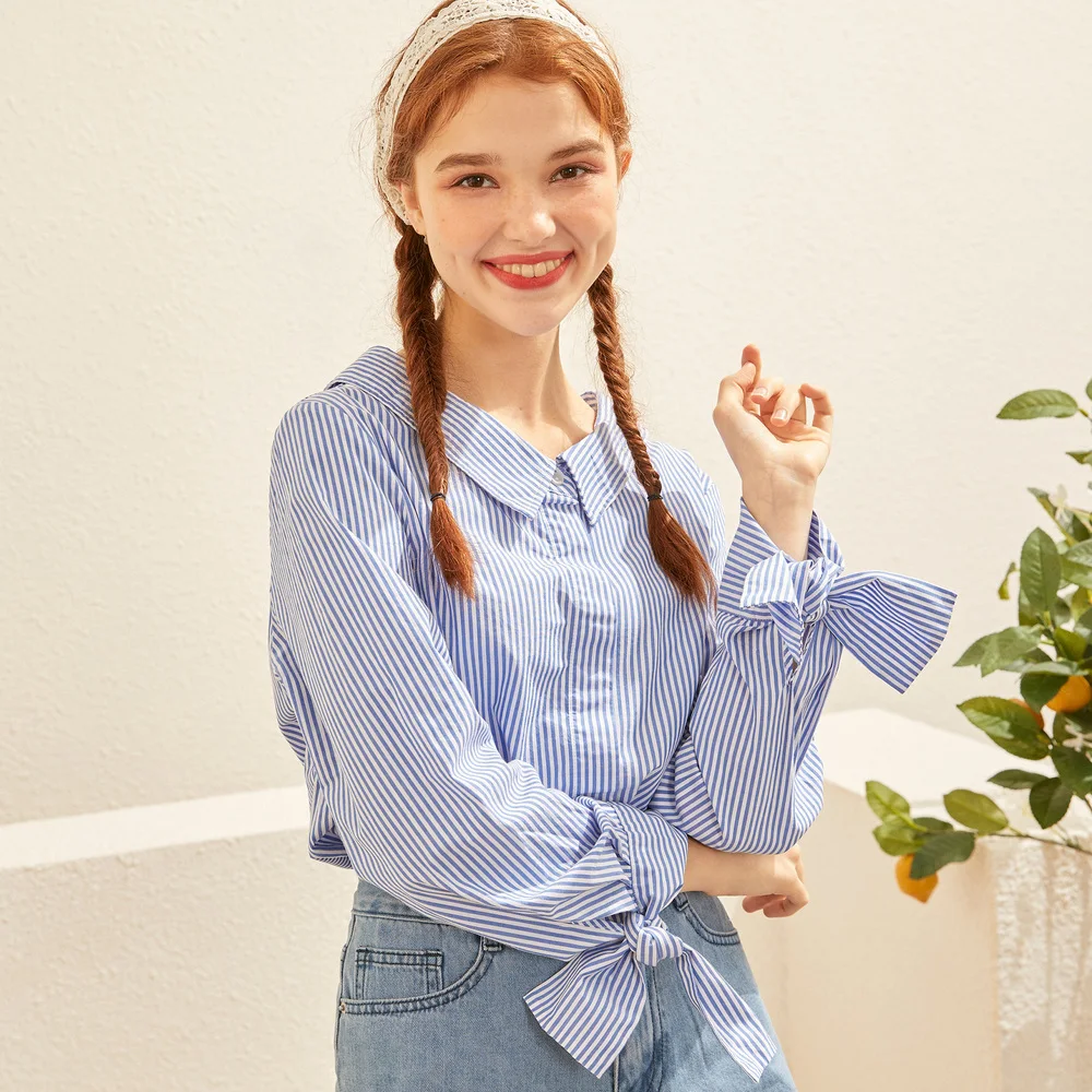  Metersbonwe 2019 Women Striped Blouse Long Sleeve Blouse Lapel Square collar Shirts Casual Office T