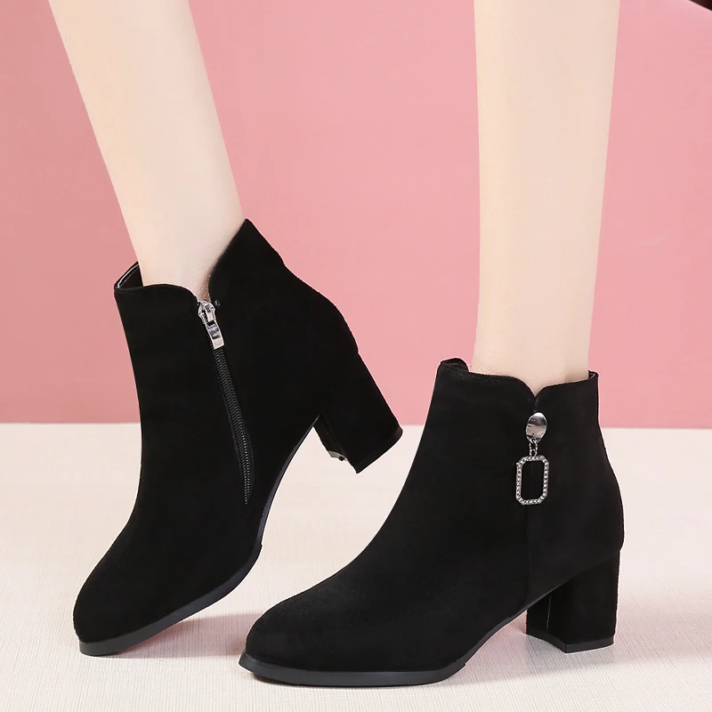 

Rimocy Elegant Ladies Crystal Zipper Flock Ankle Boots Autumn Winter Short Plush Chunky High Heels Booties Shoes Woman Plus Size