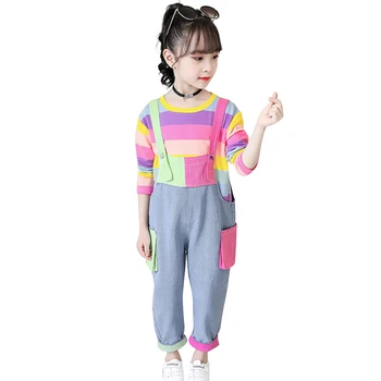 

Kids Clothes Girls Rainbow Stirped Girls Clothing Sweatshirt + Jumpsuit Tracksuit Girl Casual Style Clothes For Children