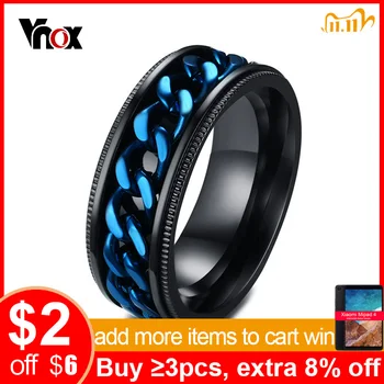 

Vnox Mens FIDGET Black Rings with Blue Center Curb Chain Spinner Ring Stainless Steel Relieve Stress Worry Male Accessories